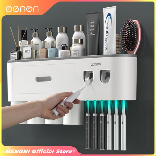 MENGNI-Magnetic Adsorption Inverted Toothbrush Holder Wall -Automatic Toothpaste Squeezer Storage Rack Bathroom Accessories