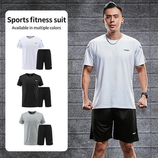 Fitness Clothes Mens Ice Silk Quick Drying Sportswear Set Summer Short Sleeved Tshirt Morning Running Basketball Training Room