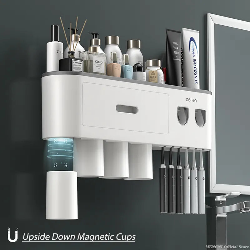 MENGNI-Magnetic Adsorption Inverted Toothbrush Holder Wall -Automatic Toothpaste Squeezer Storage Rack Bathroom Accessories