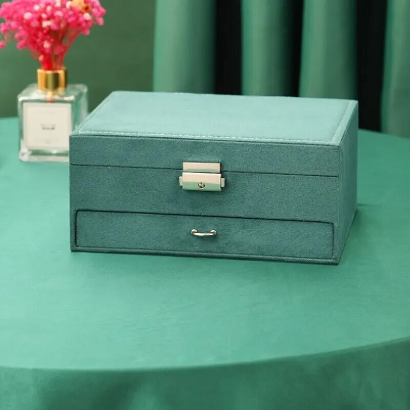 1pcs Double Storage Box For Men And Women Luxury Vintage Style Jewelry Space Large Capacity Fine Soft Dark Green Velvet Quality