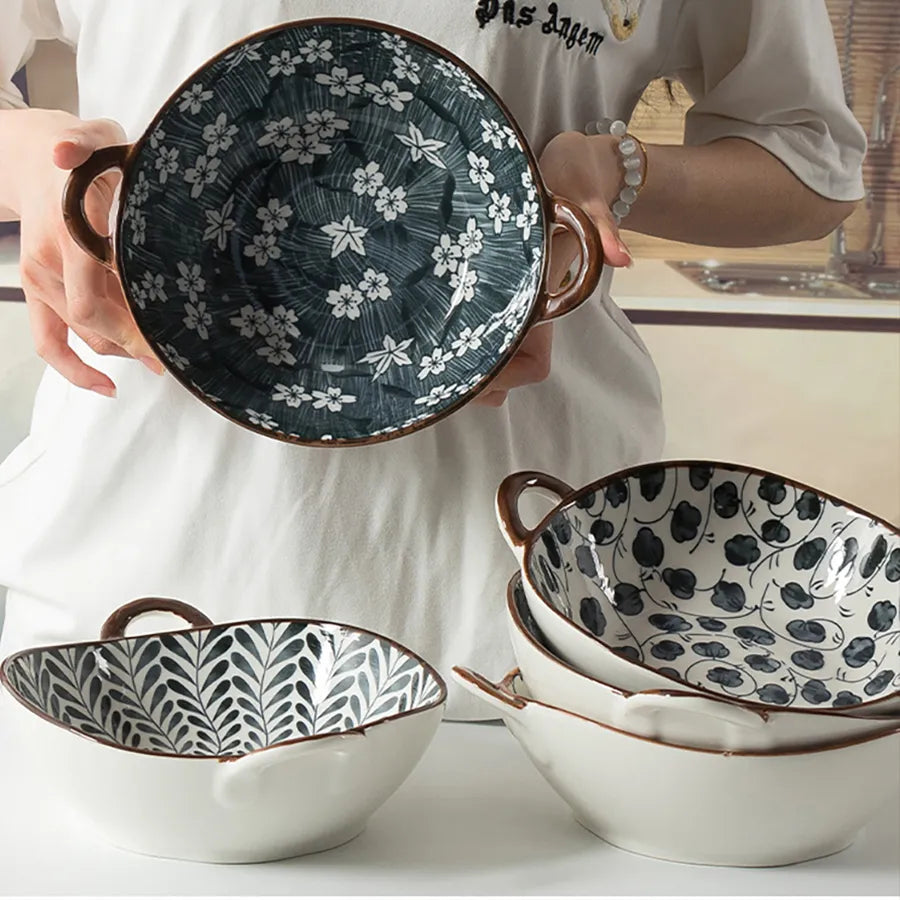 780ml Japanese Soup Bowl With Handle Ceramic Salad Bowl Microwave Oven  Kitchen Tableware Noodle Bowl
