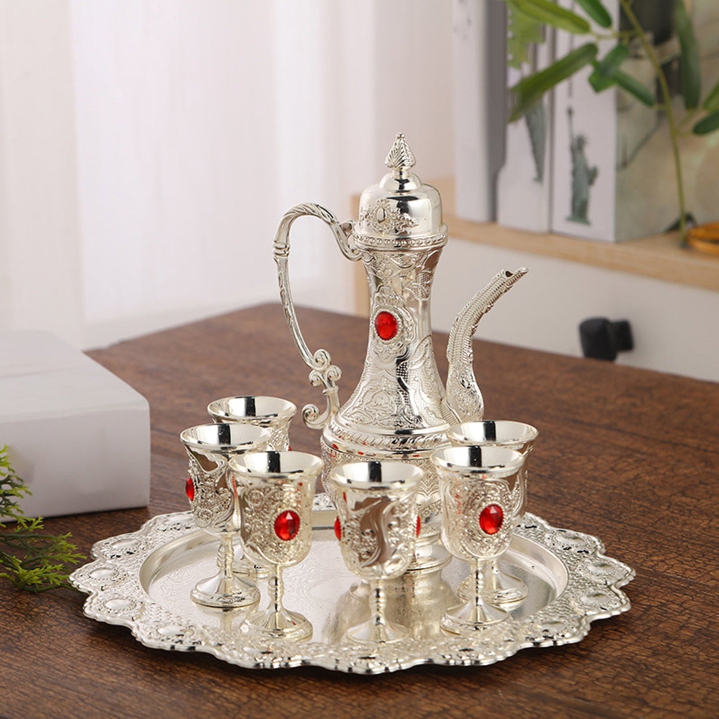 Luxury Vintage Turkish Coffee Pot Set Tea Set Decorations with 6 Cups Tray Teapot Flagon for Coffee Pot Home Decor Wedding Gift