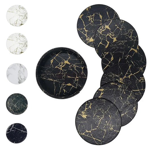 1PC/6PCS Artificial Leather Marble Coaster Drink Coffee Cup Mat Table Placemats Round Heat-resistant Tea Pad Table Pad Holder
